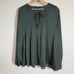 Women's Lucky Brand Dark Green Long Sleeve Tie Neck Pleated Blouse Size‎ XL